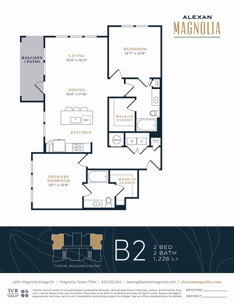 Floor plan for 2 beds, 2 baths, 1226 sqft